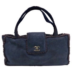 Chanel Navy Blue Suede Shearling Trim CC Turnlock Shoulder Handbag