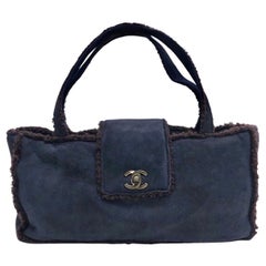 Vintage Chanel Navy Blue Suede Shearling Trim CC Turnlock Shoulder Handbag