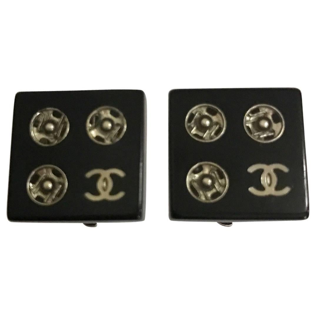Chanel Black Resin "Tools of the Fashion Trade" CC Logo Snap Earrings 
