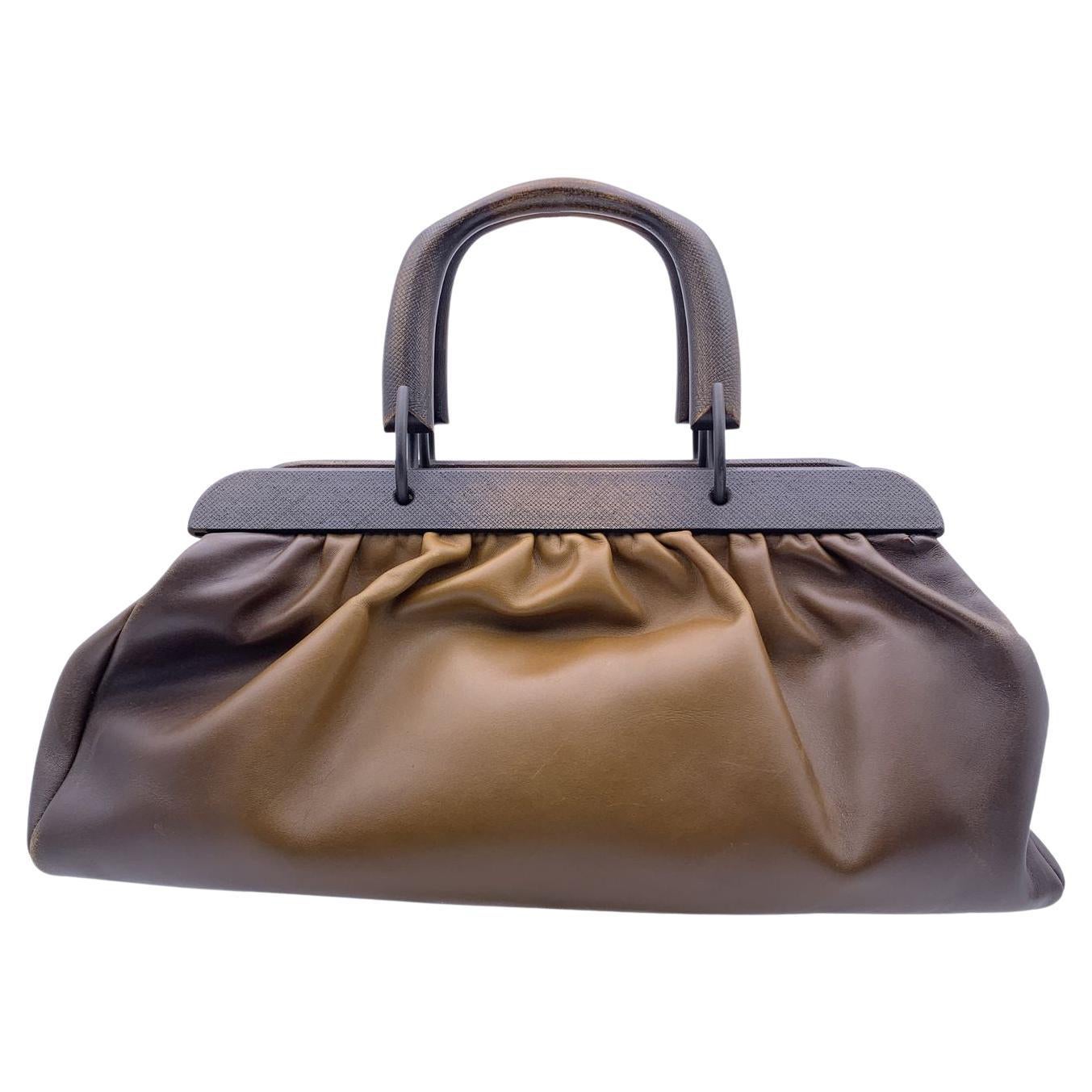 Gucci Brown Leather Wood Handles Bag Handbag Satchel For Sale