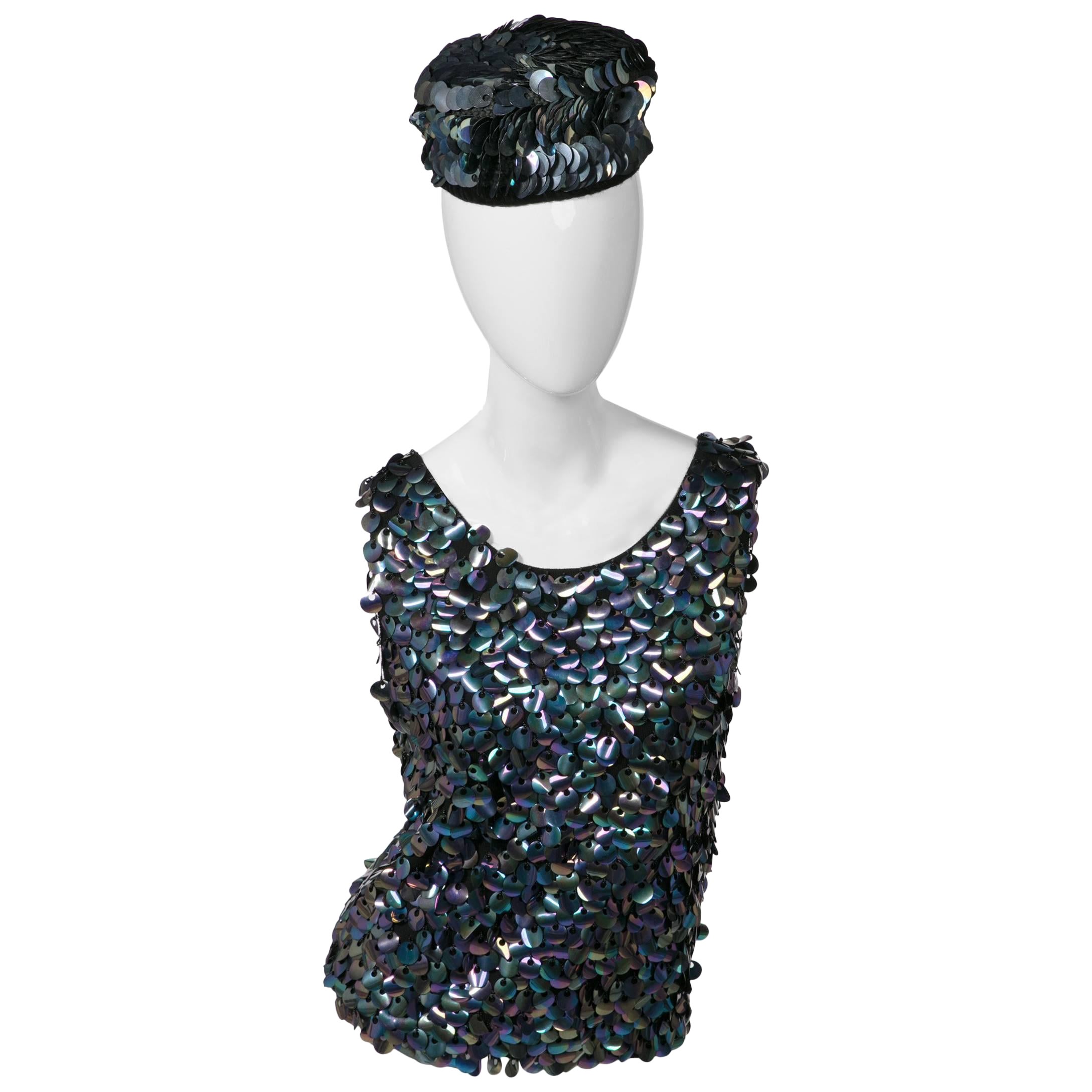 1960s Paillette Sequin Wool Hat and Sleeveless Sweater Set