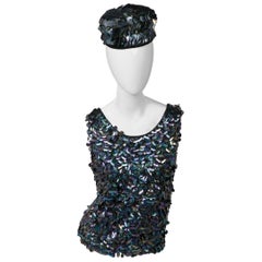 1960s Paillette Sequin Wool Hat and Sleeveless Sweater Set
