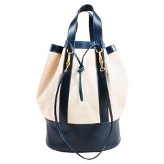 Vintage Hermes Tan Navy Leather Trimmed Canvas Bucket Bag