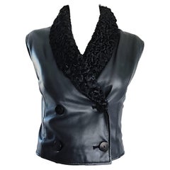 Valentino Vintage Black Leather + Persian Lamb Fur Double Breasted 1980s Vest 