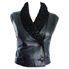 Valentino Vintage Black Leather + Persian Lamb Fur Double Breasted 1980s Vest