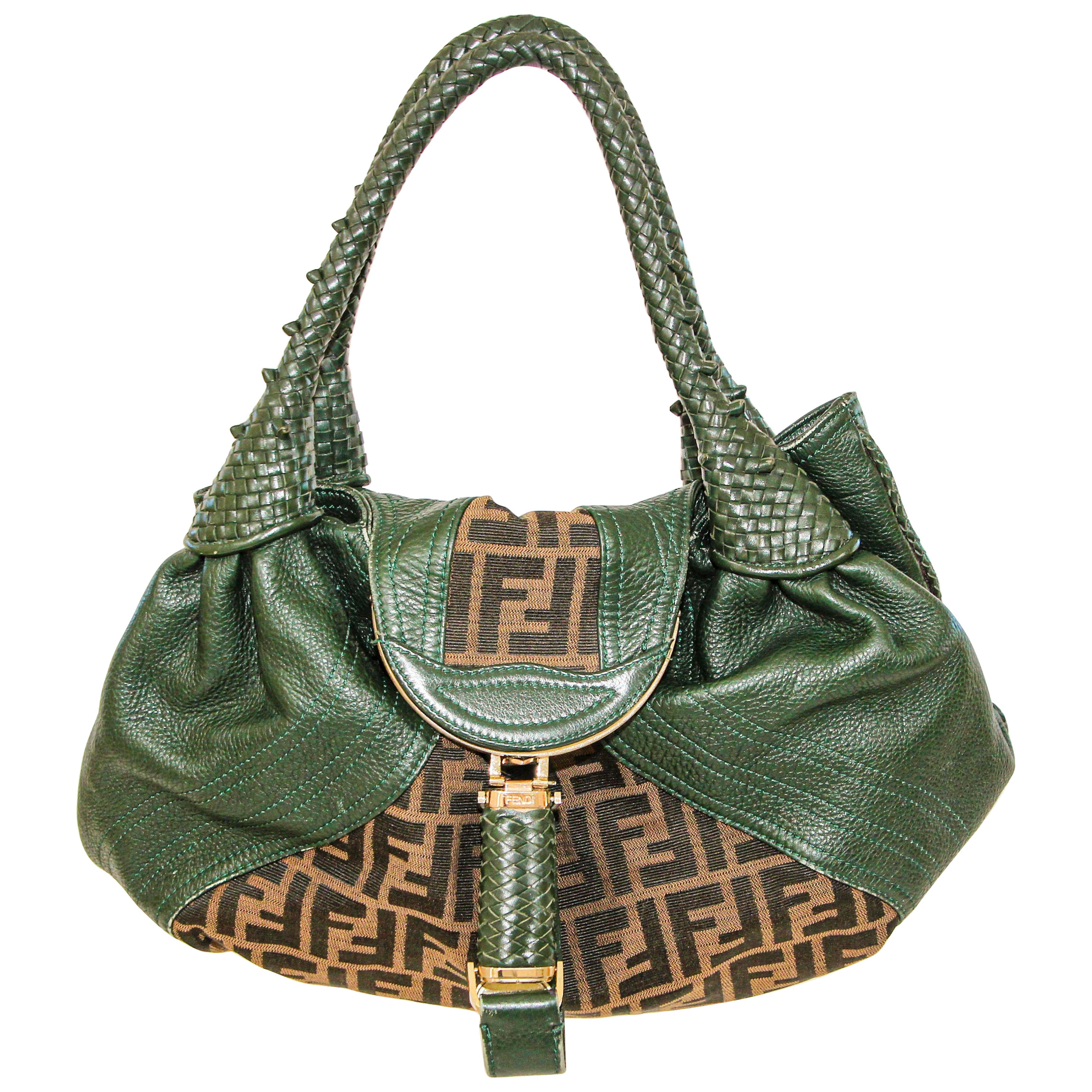 FENDI Spy Bag Green Leather and Brown Zucca Monogram Canvas Large Women Bag For Sale