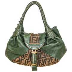 Retro FENDI Spy Bag Green Leather and Brown Zucca Monogram Canvas Large Women Bag