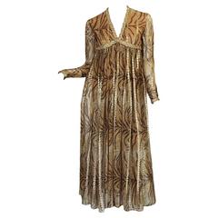 1970s Bill Blass Metallic Gold & Animal Print Silk Dress 12