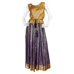 1970s Adolfo Metallic Gold and Purple Silk Skirt & Top Set 8