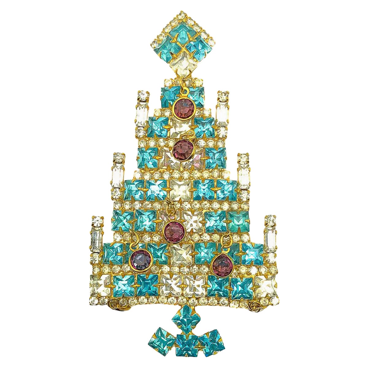 Vintage Dominique Large Jewelled Christmas Tree Brooch 1980s For Sale