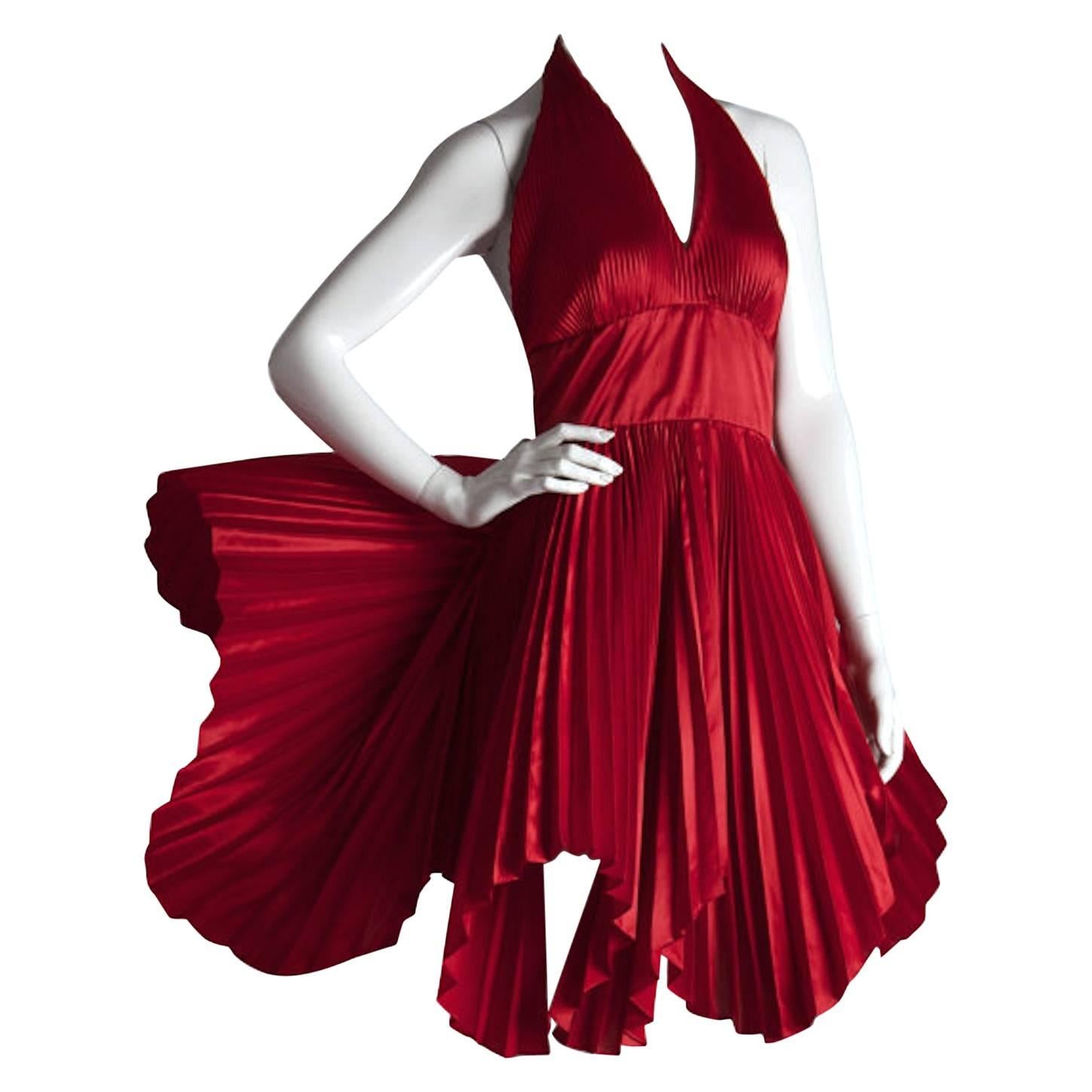 Vintage William Travilla Red Plunging Halter Pleated Dress 