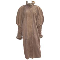 1980's Fendi Swakara Lamb & Olive Green Suede Coat With Ruched Details