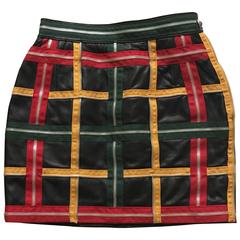 Moschino Vintage 1980s Black Leather Mini Skirt with Red Yellow Green Zippers