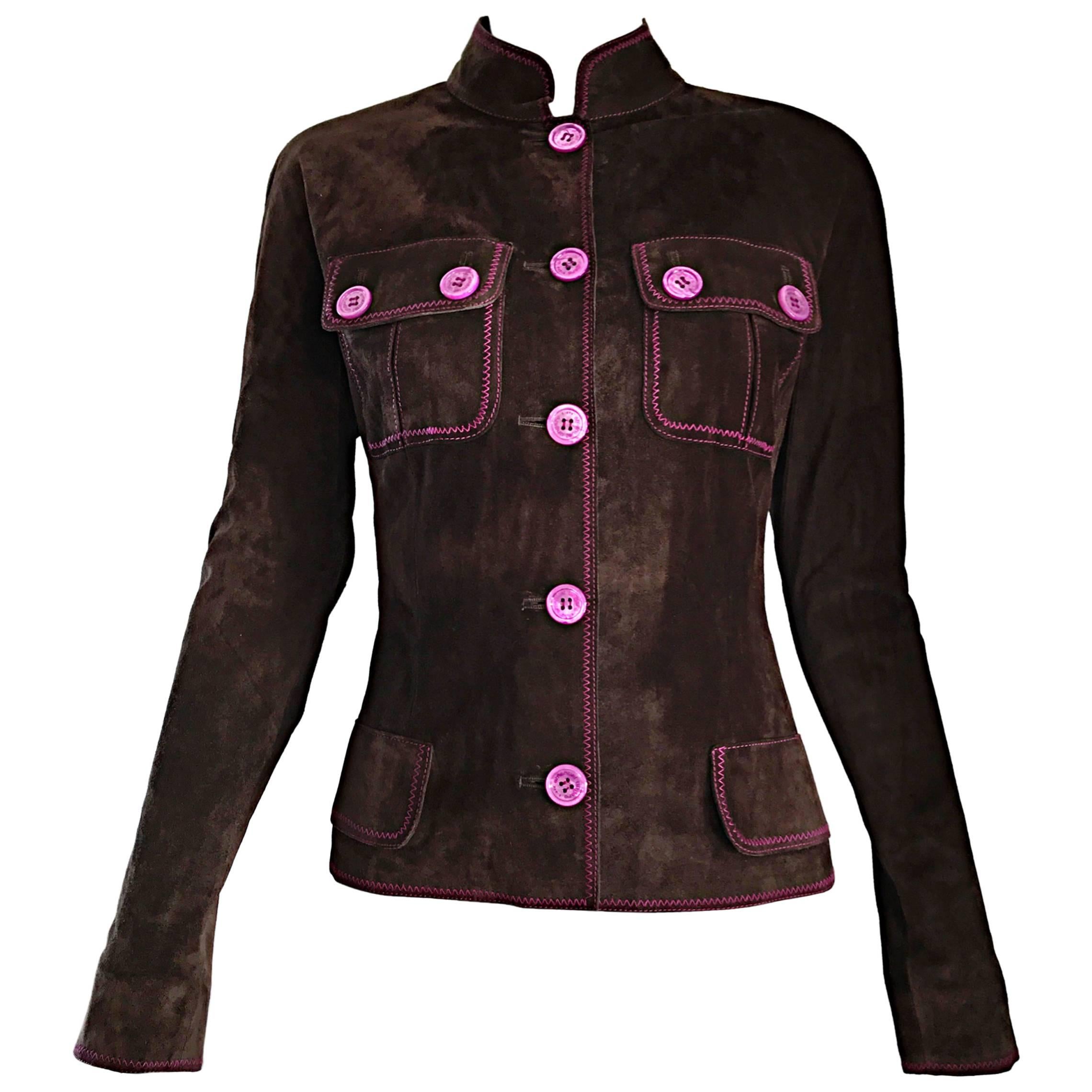 1990s Emanuel Ungaro Leather Suede Chocolate Brown + Purple Vintage Moto Jacket