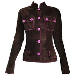 Vintage Emanuel Ungaro Leather Suede Chocolate Brown + Purple 1990s Moto Jacket 3