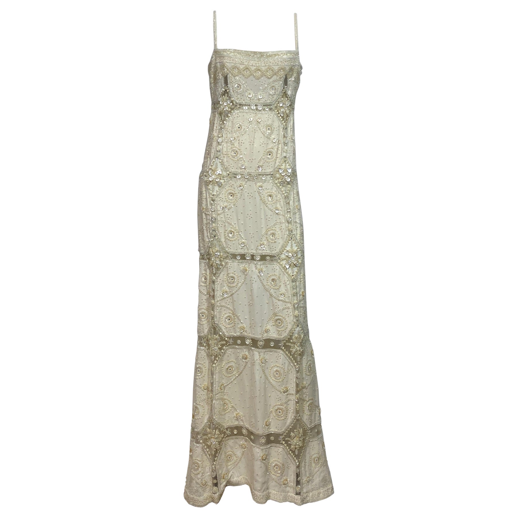 Valentino Ivory Heavily Embellished Beaded Silk and Mesh Gown - Size 12