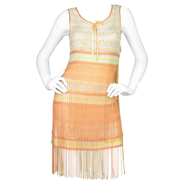 Missoni Yellow and Cream Sleeveless Knit Fringe Dress Sz 40 For Sale at