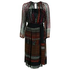 1970's Pauline Trigere Colorful Abstract Deco Print Silk Bohemian Belted Dress 5