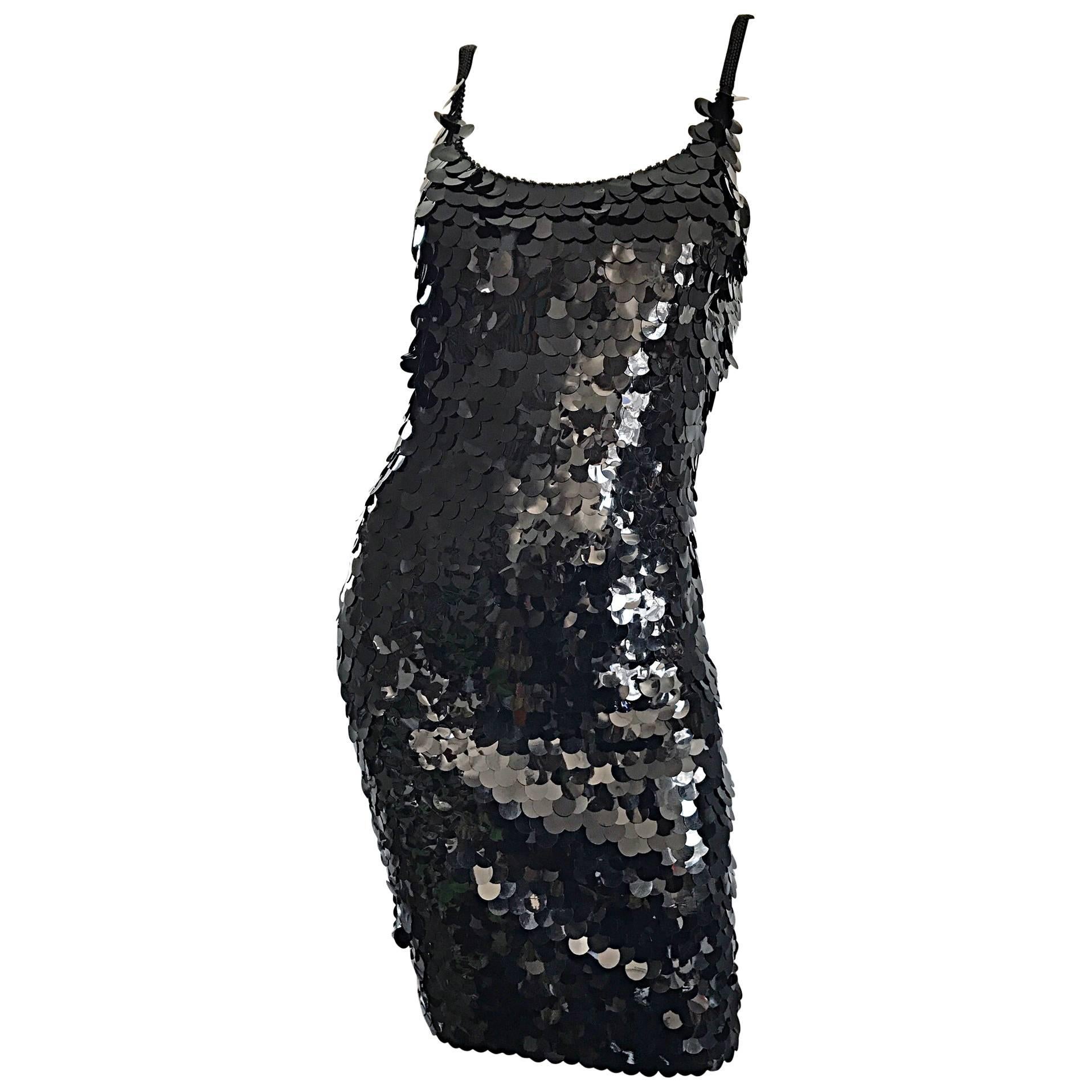 Vintage Saks Fifth Avenue Sz 8 Black Pailletes Sequined Beaded 90s Bodycon Dress For Sale