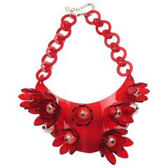 Vintage 1980s Italian Designer Transparent Red Lucite Bib Necklace Huge Flowers & Pearl