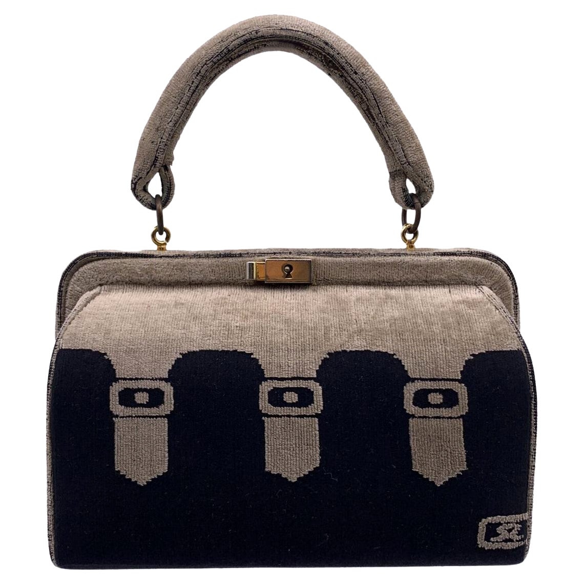 Roberta Di Camerino Vintage Beige and Black Velvet Doctor Bag Handbag For Sale
