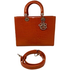 Christian Dior Orange Alligator Lady Dior Large Bag 