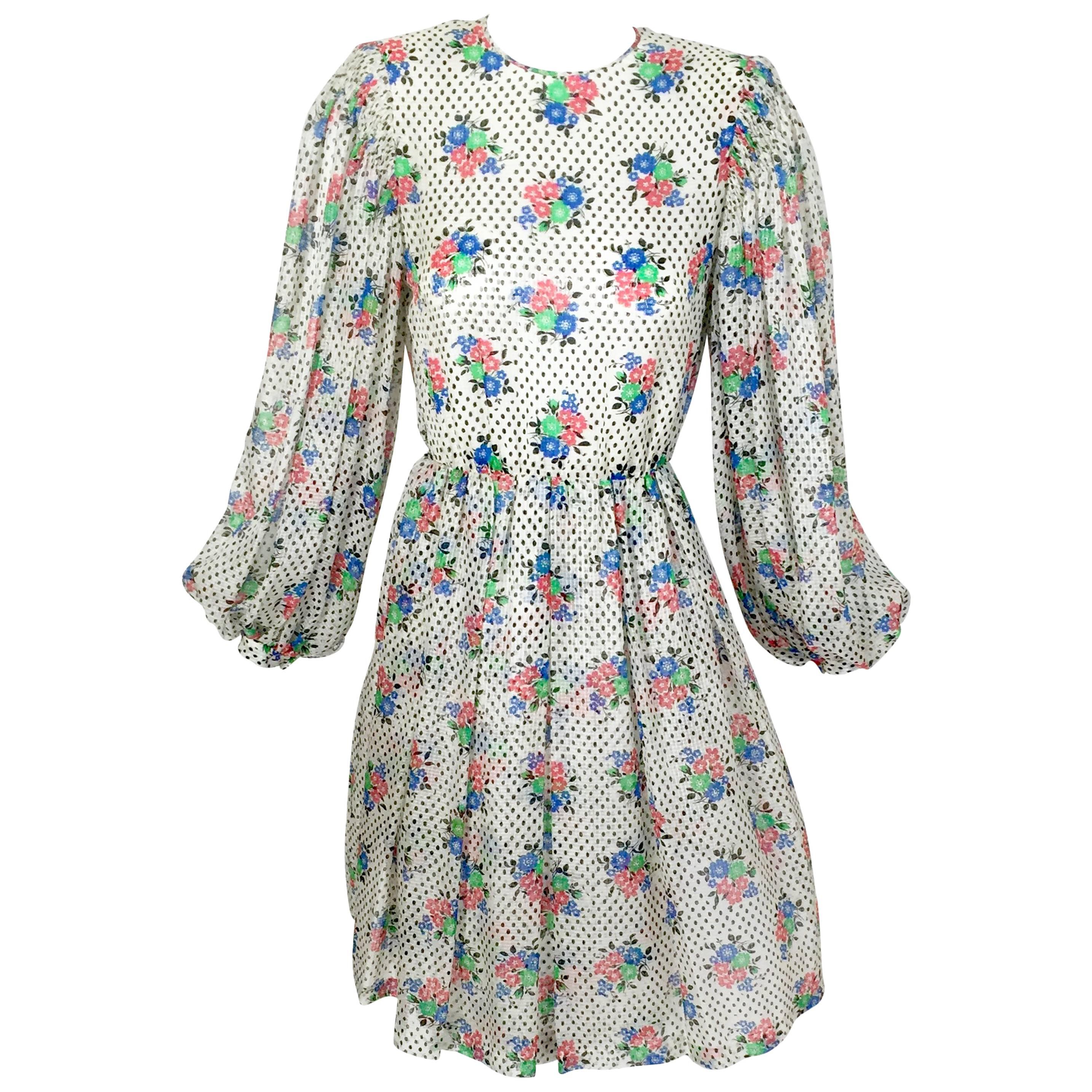 1970s Galanos Floral Dot print  Billow Sleeve Cut-Out Back Silk Cocktail Dress