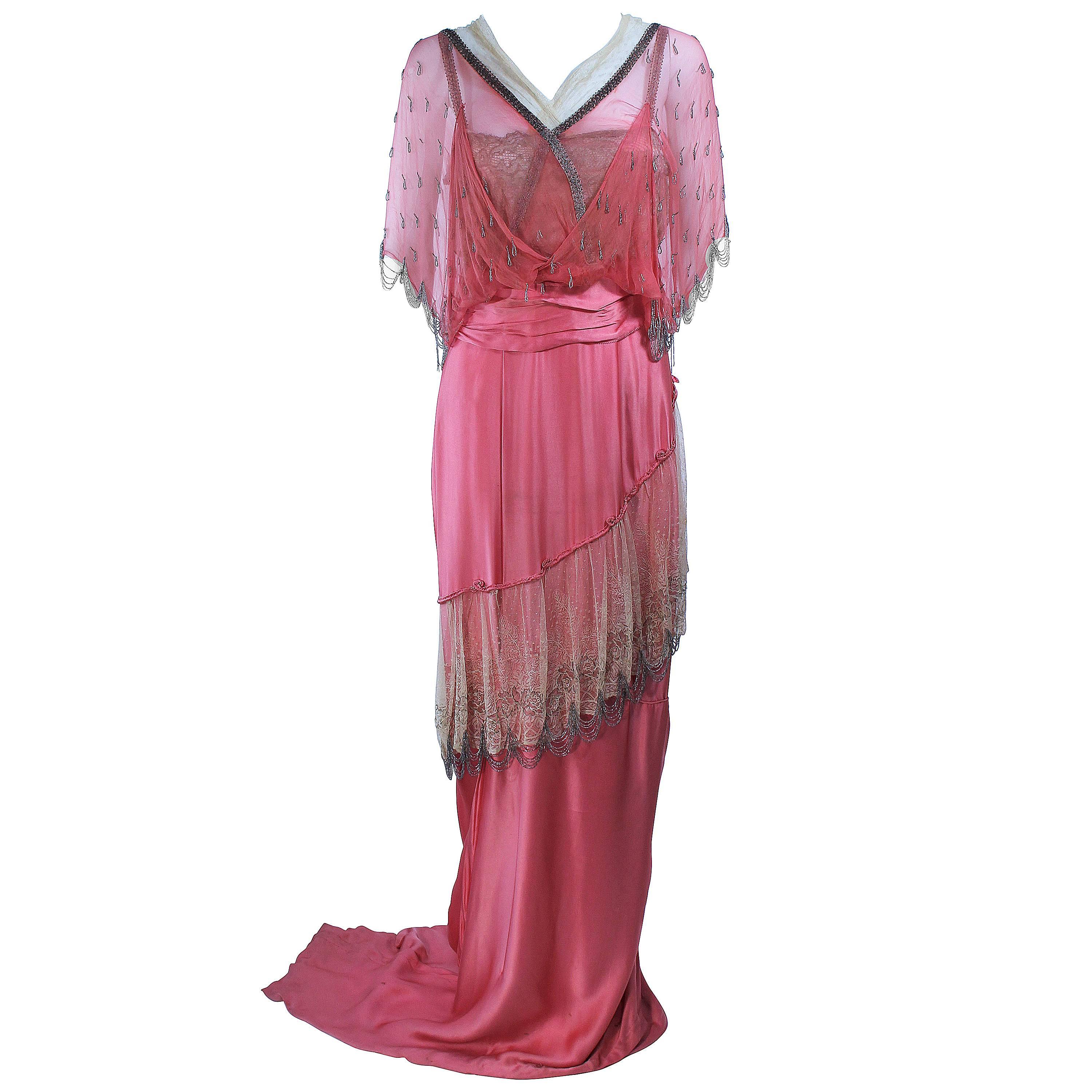 VINTAGE VICTORIAN Pink Silk Gown with Silver Hand Beaded Applique Size 2 4