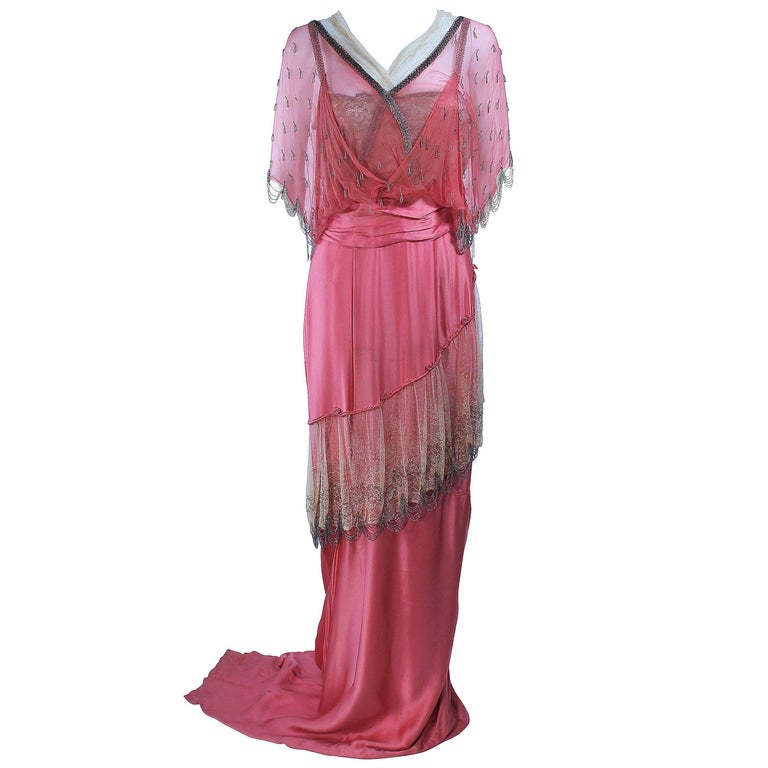 VINTAGE VICTORIAN Pink Silk Gown with Silver Hand Beaded Applique Size ...