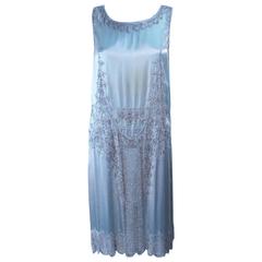 Vintage 1920's Aqua Silk Cocktail Dress with Hand Beaded Applique Size 2 4 6