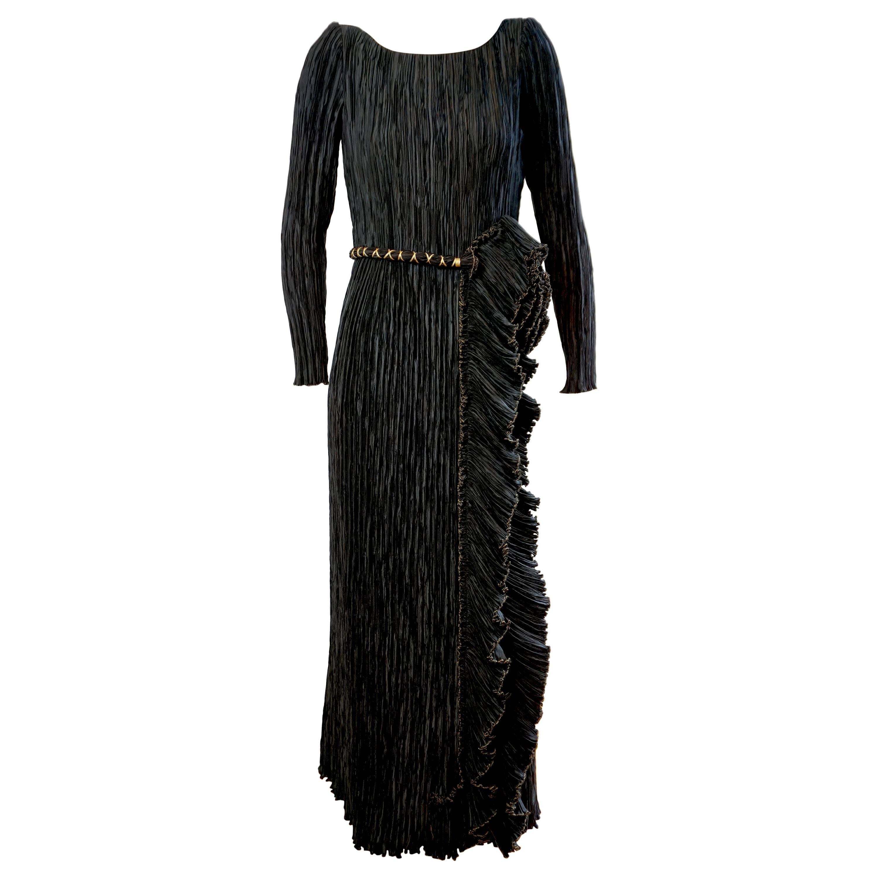 MARY MCFADDEN Black & Gold Pleated Ruffle Gown
