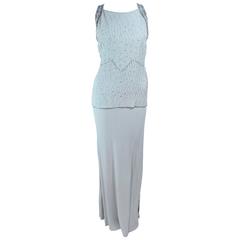 VINTAGE 1930'S Aqua Silk Bias Gown with Silver Hand Beaded Applique Size 2 4 10