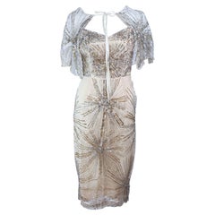 Vintage 1930's Ivory Metal Sequin Beaded Cocktail Dress and Caplet Set Size 2