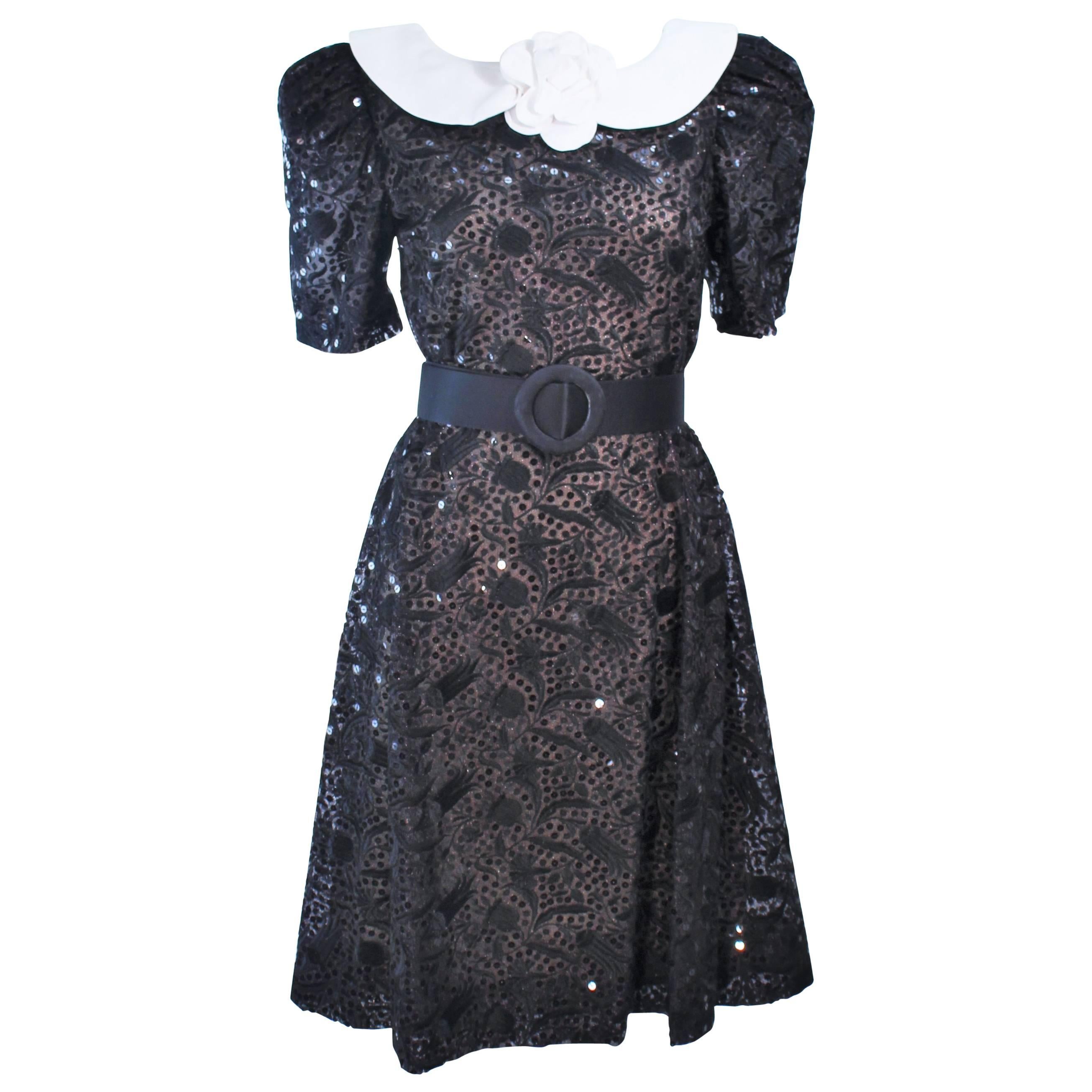 ARNOLD SCAASI Belle De Jour Black Sequin Lace Cocktail Dress Size 10  For Sale