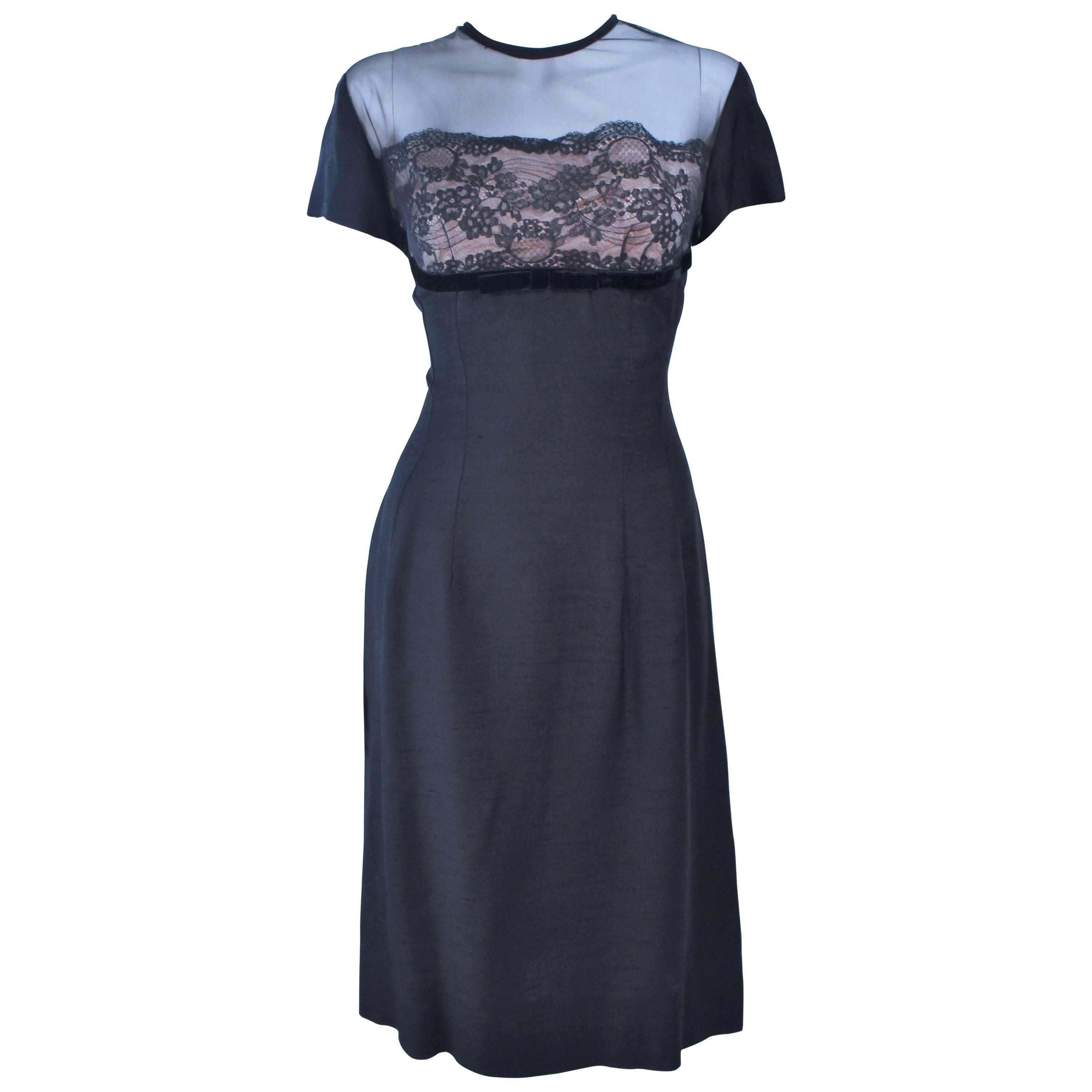 J. HARLAN Black Silk and Lace Cocktail Dress with Sheer Details Size 8 For Sale