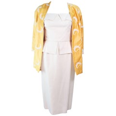 Vintage DON LOPER 1950's Yellow Silk embroidered Coat and Dress Ensemble Size 2