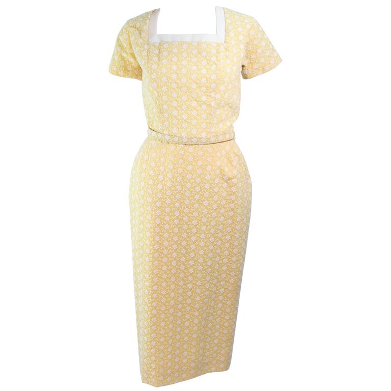 DON LOPER 1950's Yellow Floral Embroidered Cocktail Dress with Belt and