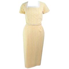DON LOPER 1950's Yellow Floral Embroidered Cocktail Dress with Belt & Bow Size 2 12