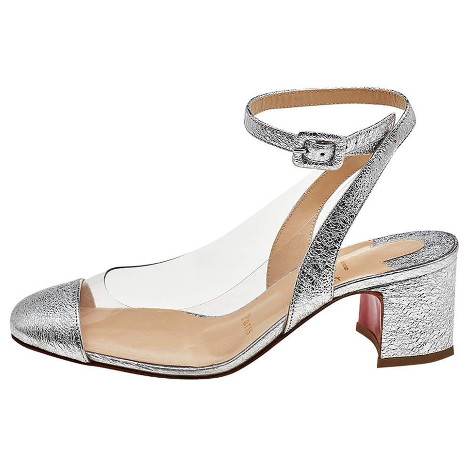 Christian Louboutin Silver Crinkled Leather And PVC Asticocotte Ankle Strap  For Sale