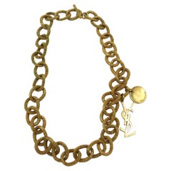 YVES SAINT LAURENT YSL Gold Tone Chain Logo Charm Necklace