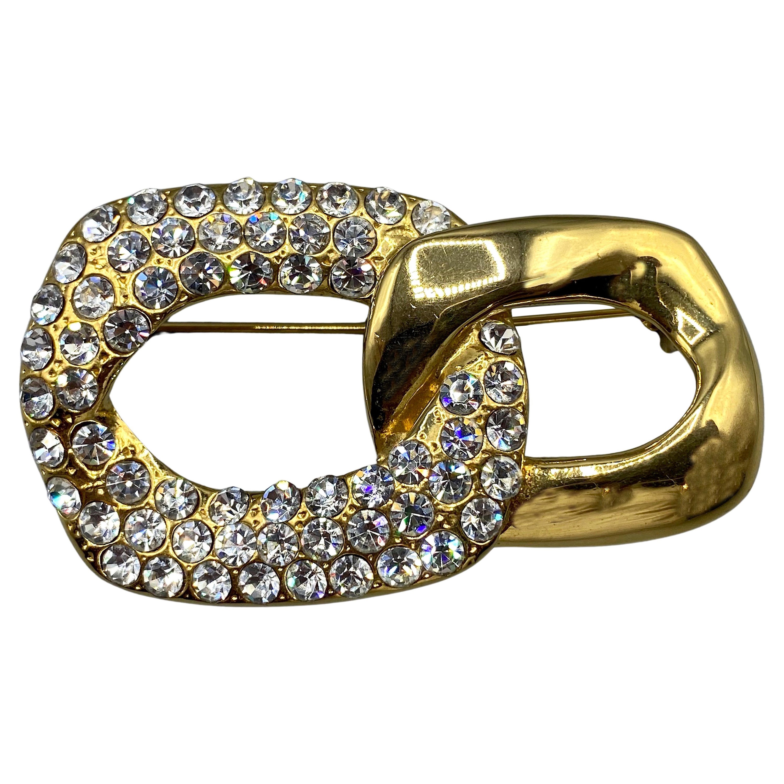 Yves Saint Laurent 1980s Gold & Rhinestone Link Brooch For Sale