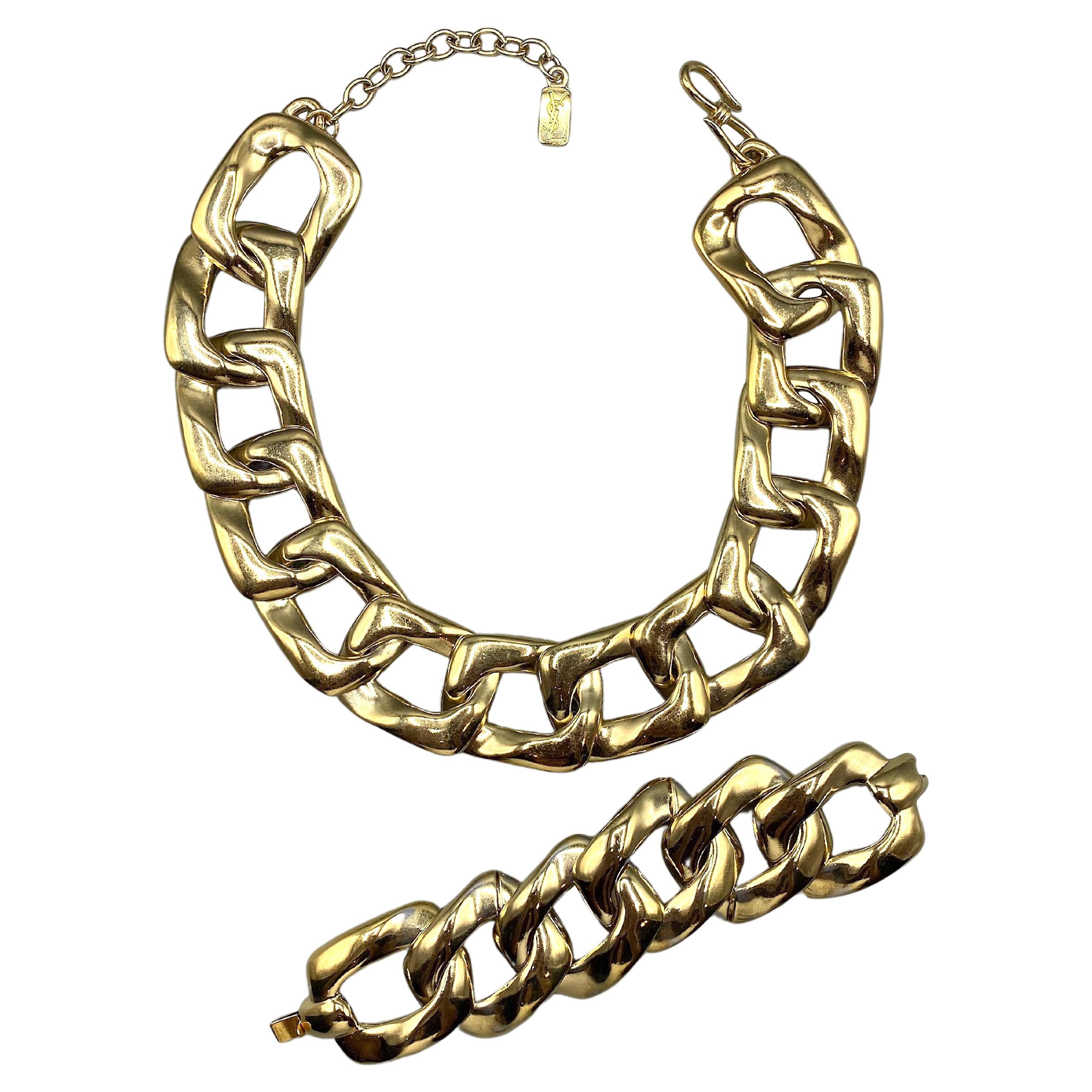 Yves Saint Laurent 1980's Large Gold Link Necklace & Bracelet Set For Sale