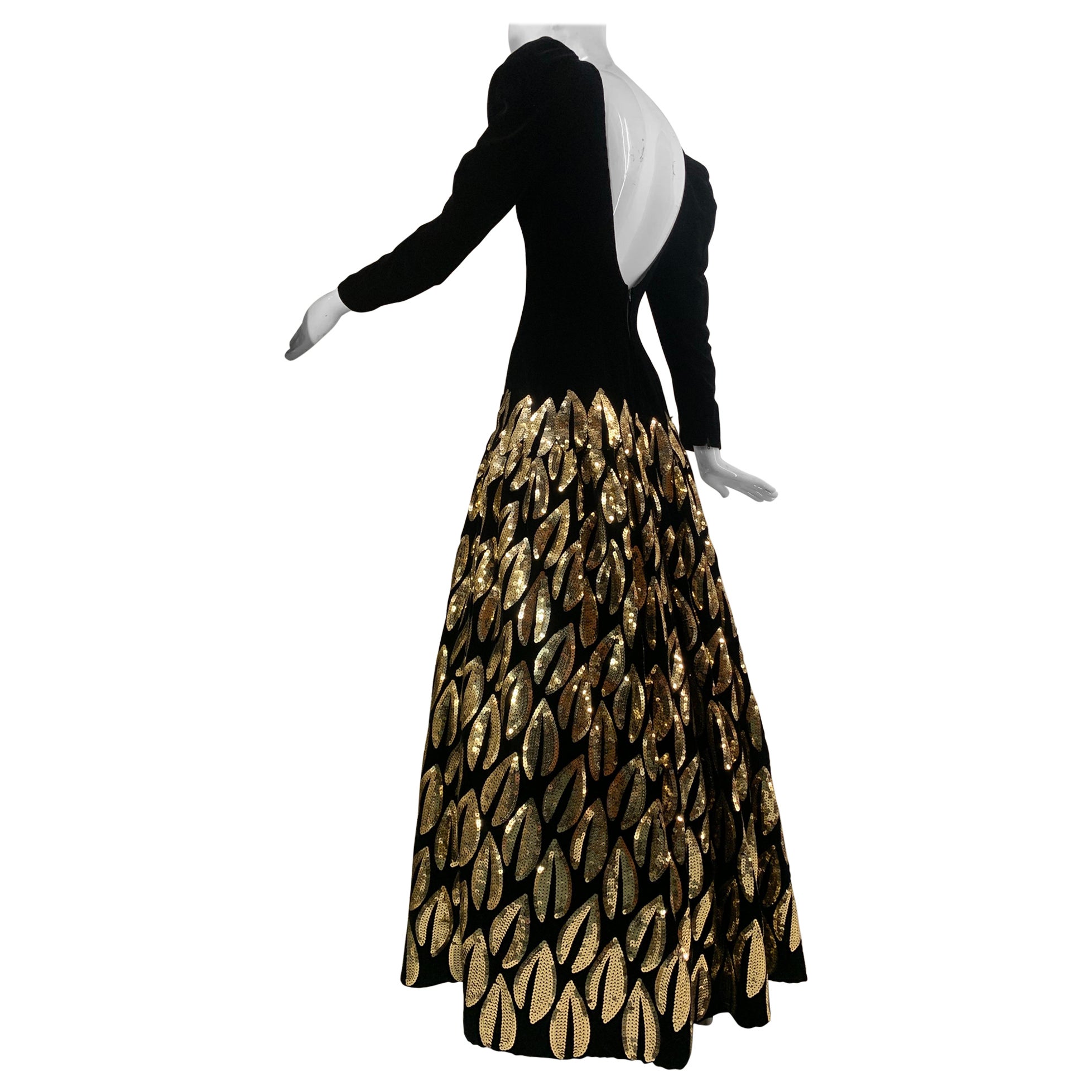 1980s Murray Arbeid - London Black Velvet Gown w Gold Sequin Leaves & Crinoline For Sale