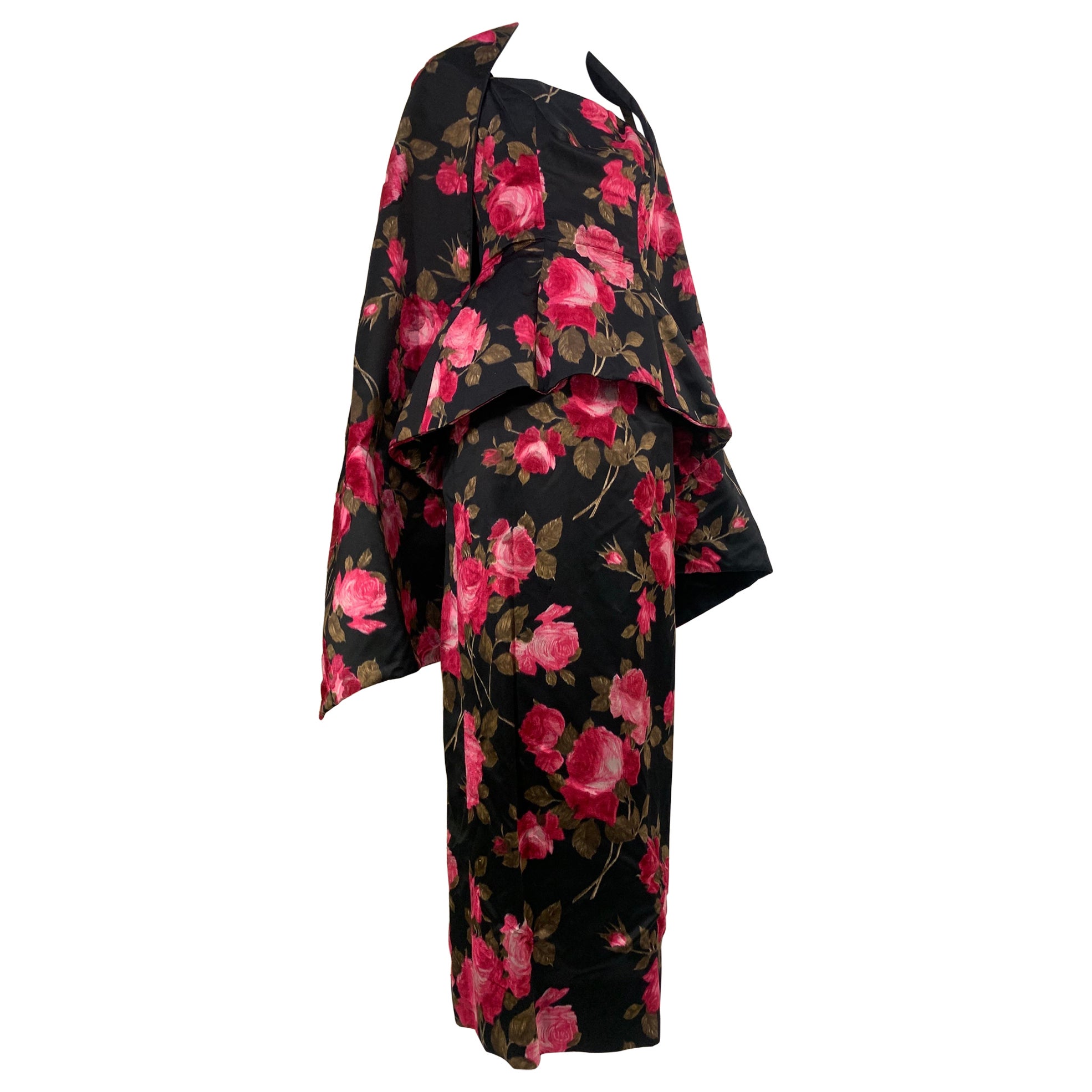 Elegant Mr. Blackwell 50s Floral Column w/ Structured Peplum w Matching Stole For Sale