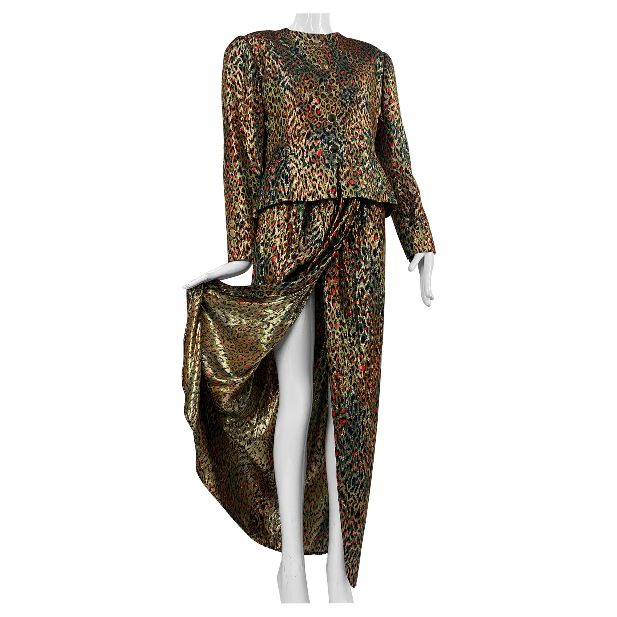 1980s Bill Blass Stylized Gold Lame Leopard Evening Sarong Style Skirt Suit For Sale
