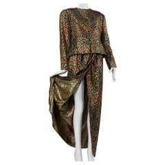 1980s Bill Blass Stylized Gold Lame Leopard Evening Sarong Style Skirt Suit