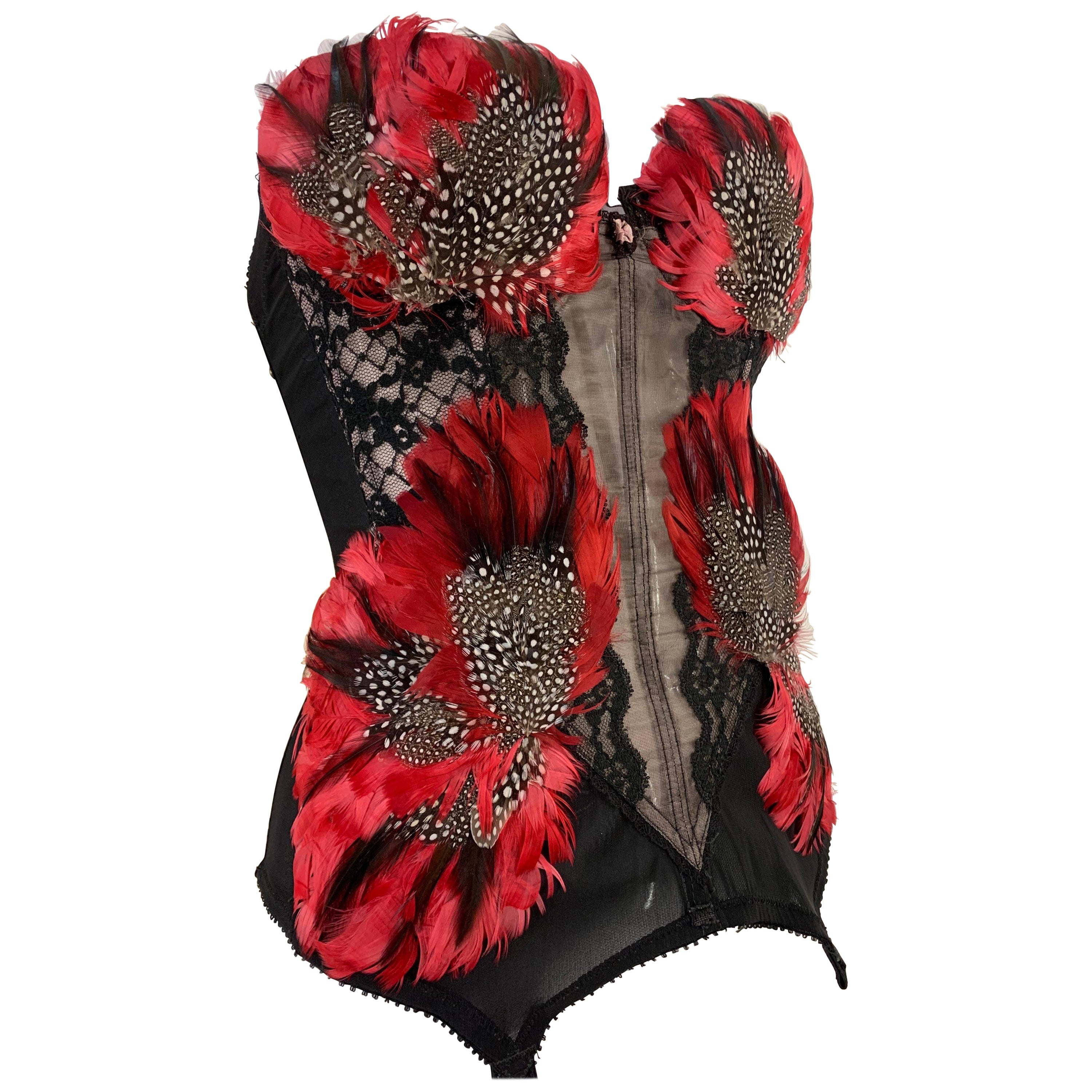 Torso Creations Red and Black Feather Embellished Merry Widow Bustier  For Sale
