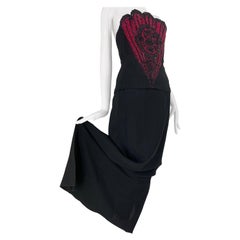 1960s George Halley Black Wool Crepe Column Gown w Stunning Beaded Fan Corset 
