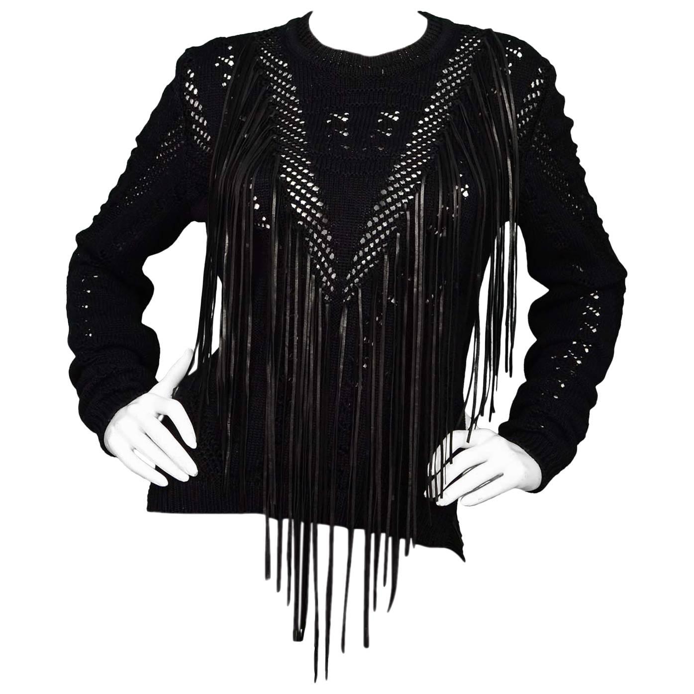 Roberto Cavalli Black Knit Sweater with Leather Fringe Sz 40 rt. $1, 300