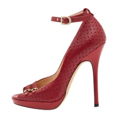 Jimmy Choo Red Perforated Leather Peep Toe Pumps Size 35